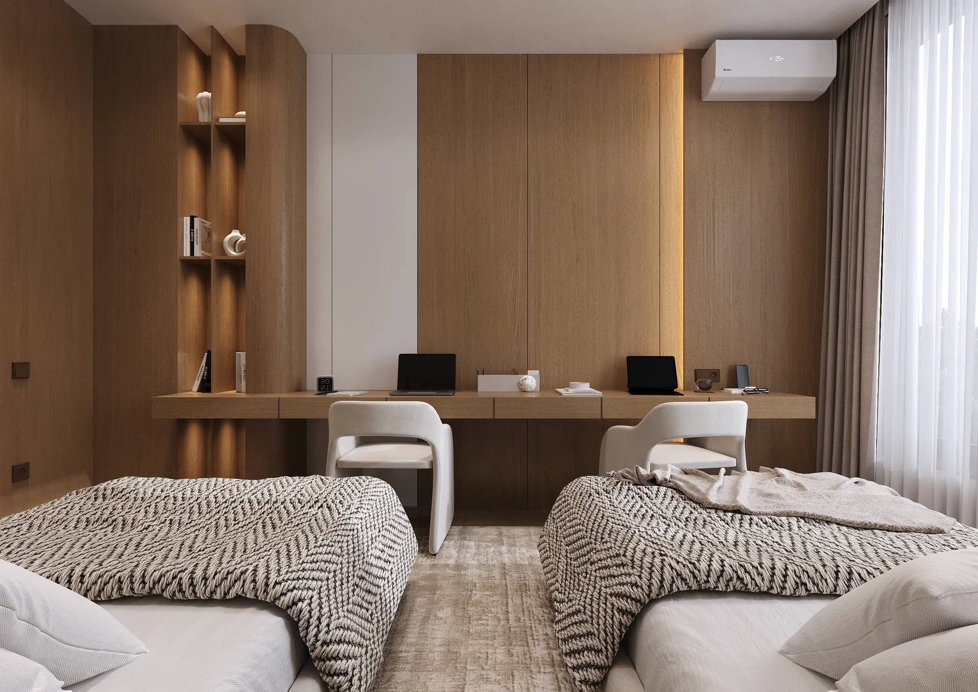 Interior CGI of a shared bedroom with built-in desks