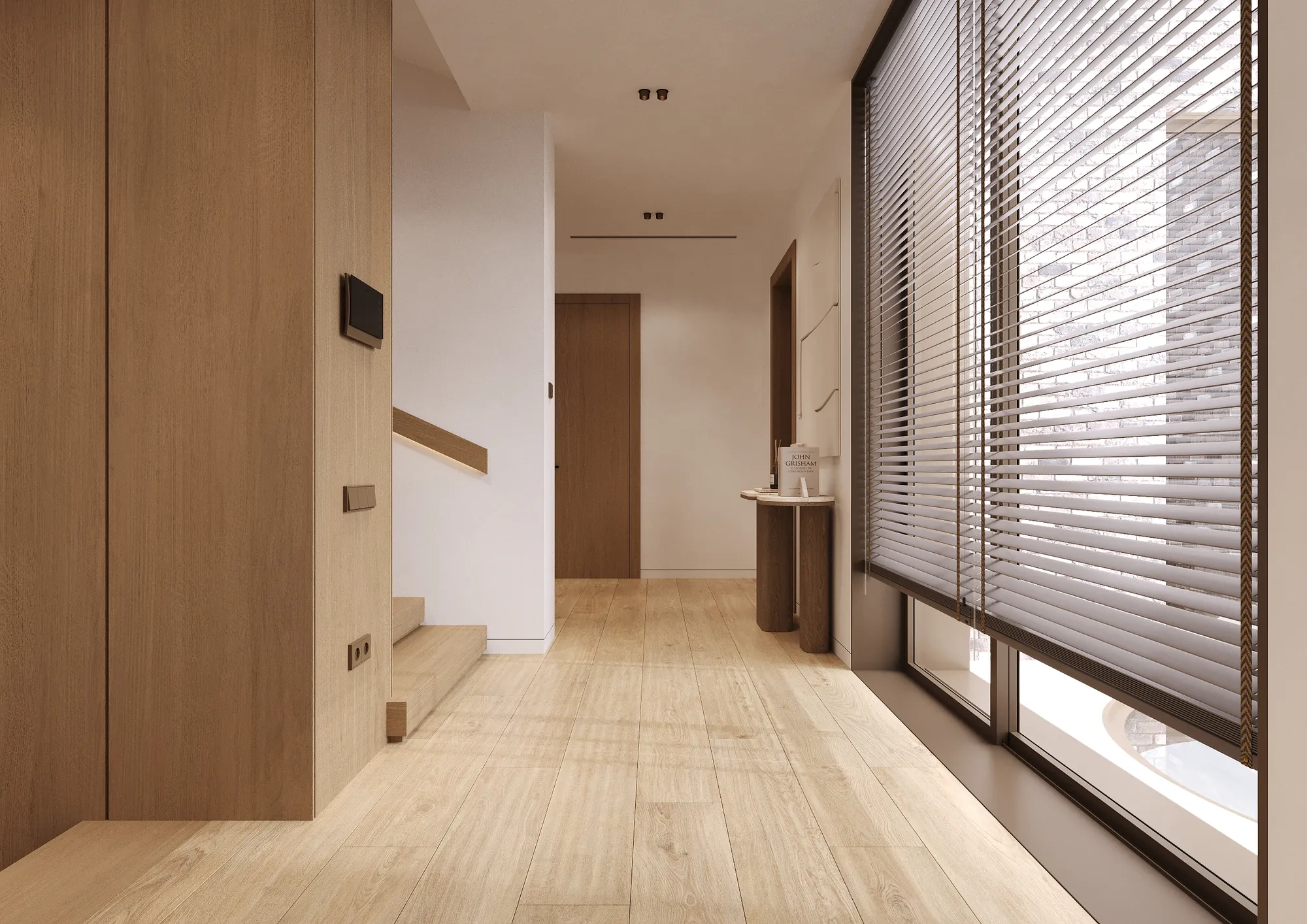 Interior CGI of a landing with timber panelling, oak flooring and a slatted window screen