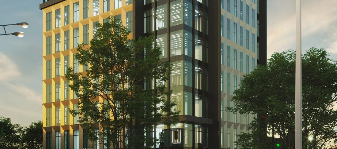 CGI of a commercial business centre at dusk with a glazed, bronze-clad facade