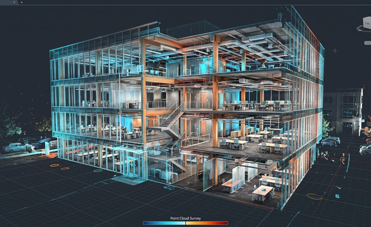 Point cloud survey of a three-storey office building coloured by intensity, showing structure, stairs and desks