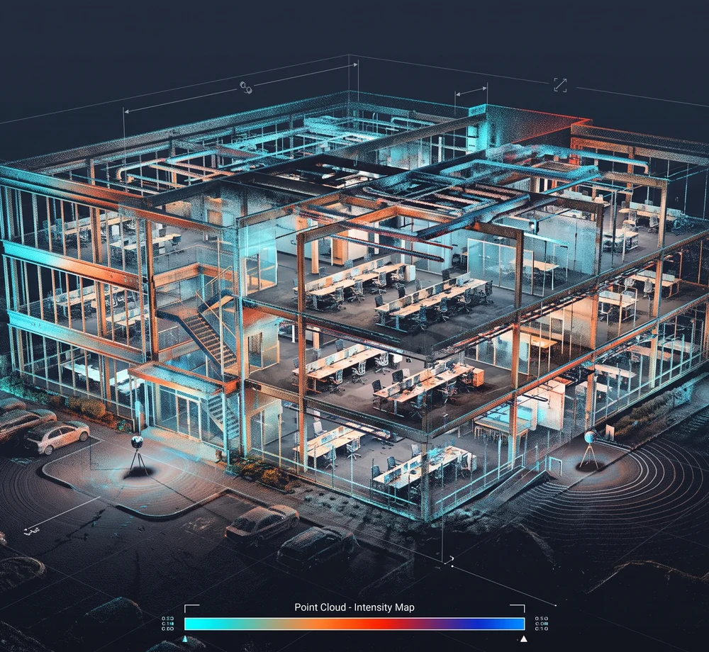 Point cloud of an office building captured from scanner positions around the site